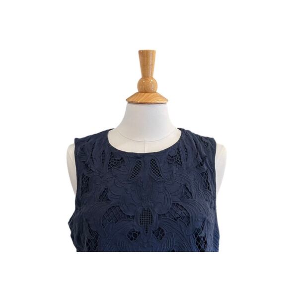 J. Jill Navy Embroidered Cut Out Overlay Sleeveless Tank/Blouse, Size L - Picture 2 of 11